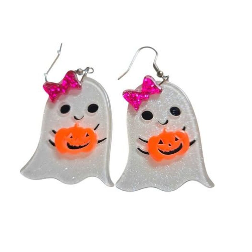 Women's Pink Bow Ghost Dangle Earrings Halloween Pumpkin Acrylic New